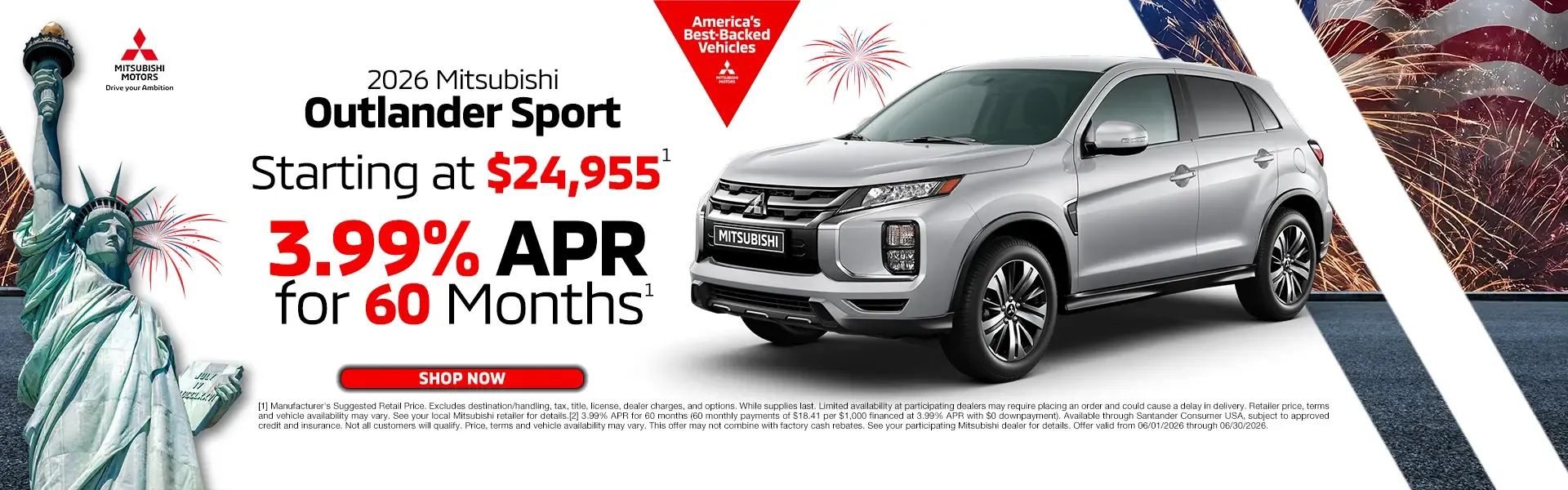 2026 Mitsubishi Outlander Sport starting at $24,955 with 3.99 percent financing for 60 months.